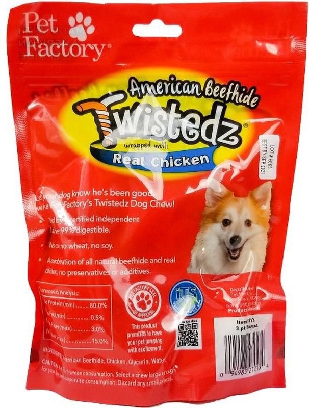 Pet Factory Twistedz 4 to 5-inch Beefhide Bones with Chicken Flavored Wrap Dog Hard Chews， 3 count