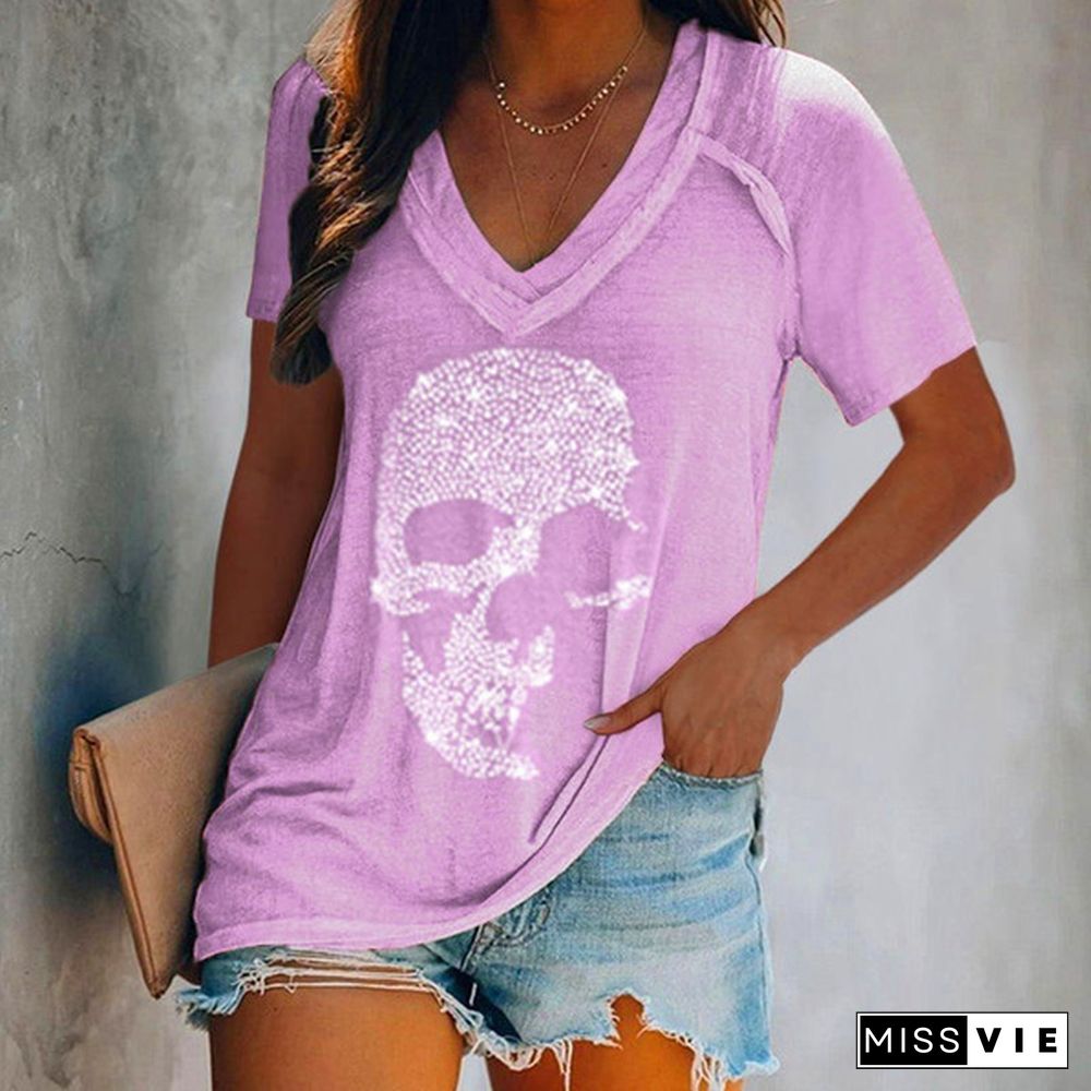 XS-5XL Plus Size Fashion Women Summer Casual Tops Short Sleeved T-shirts Deep V-neck Skull Printed Blouse Ladies Loose Shirts