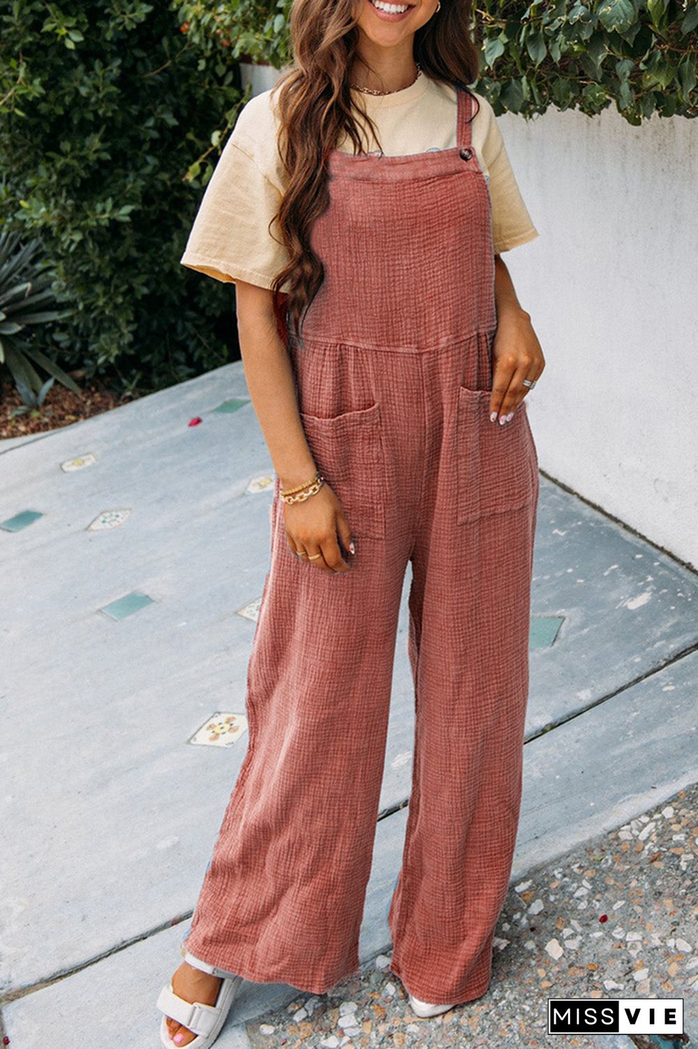 Plain Texture Wide Leg Cami Jumpsuit