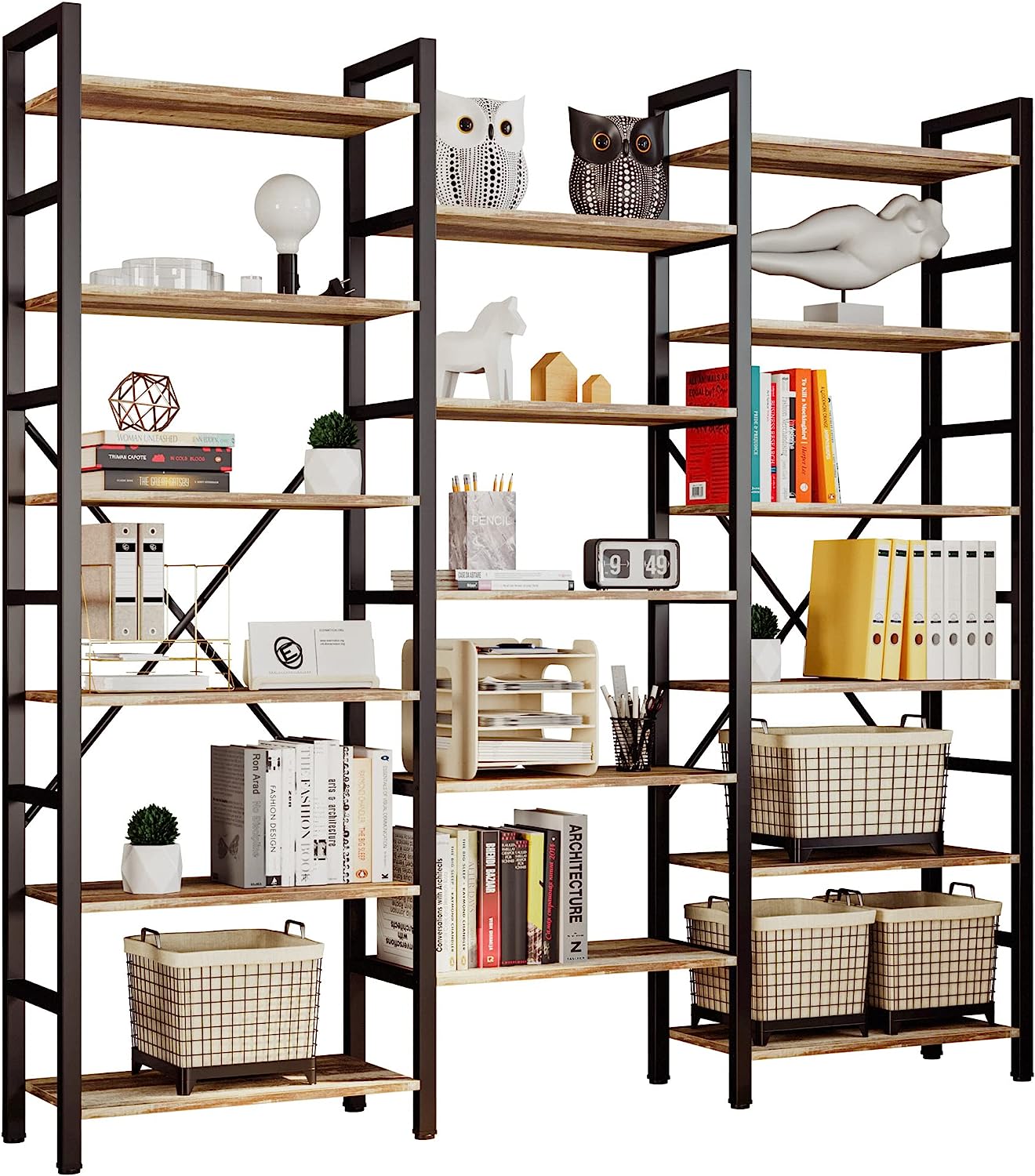 Triple Wide 6 Tiers Industrial Bookshelf, Large Etagere Bookcases and Bookshelves Open Display Shelves with Metal Frame