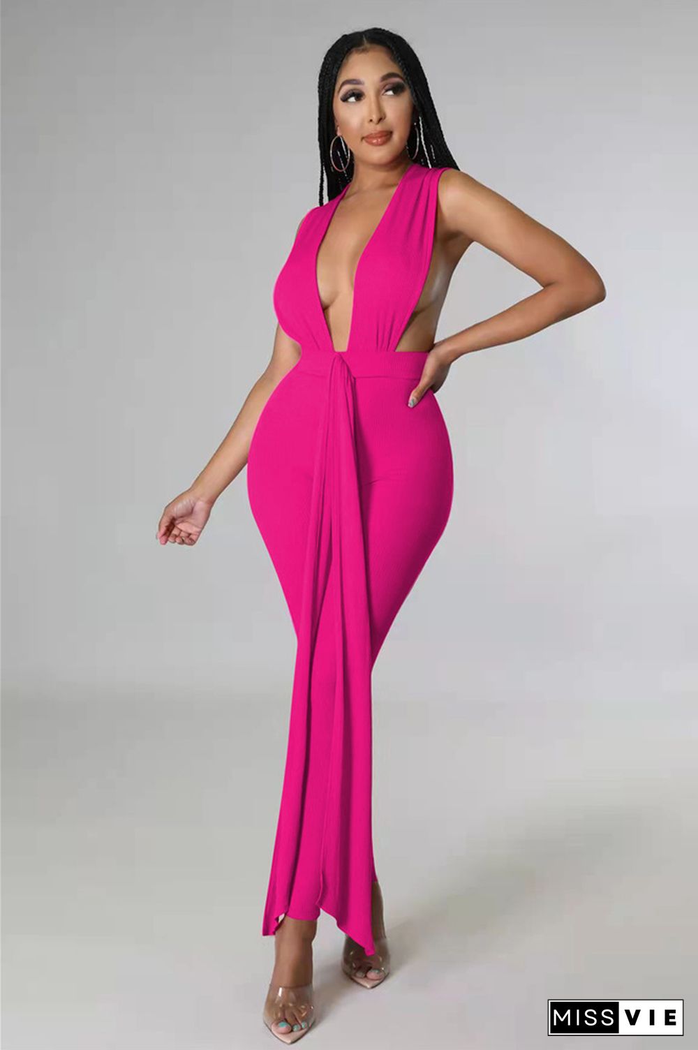 Deep V-neck Bandage Sleeveless Bodycon Jumpsuit