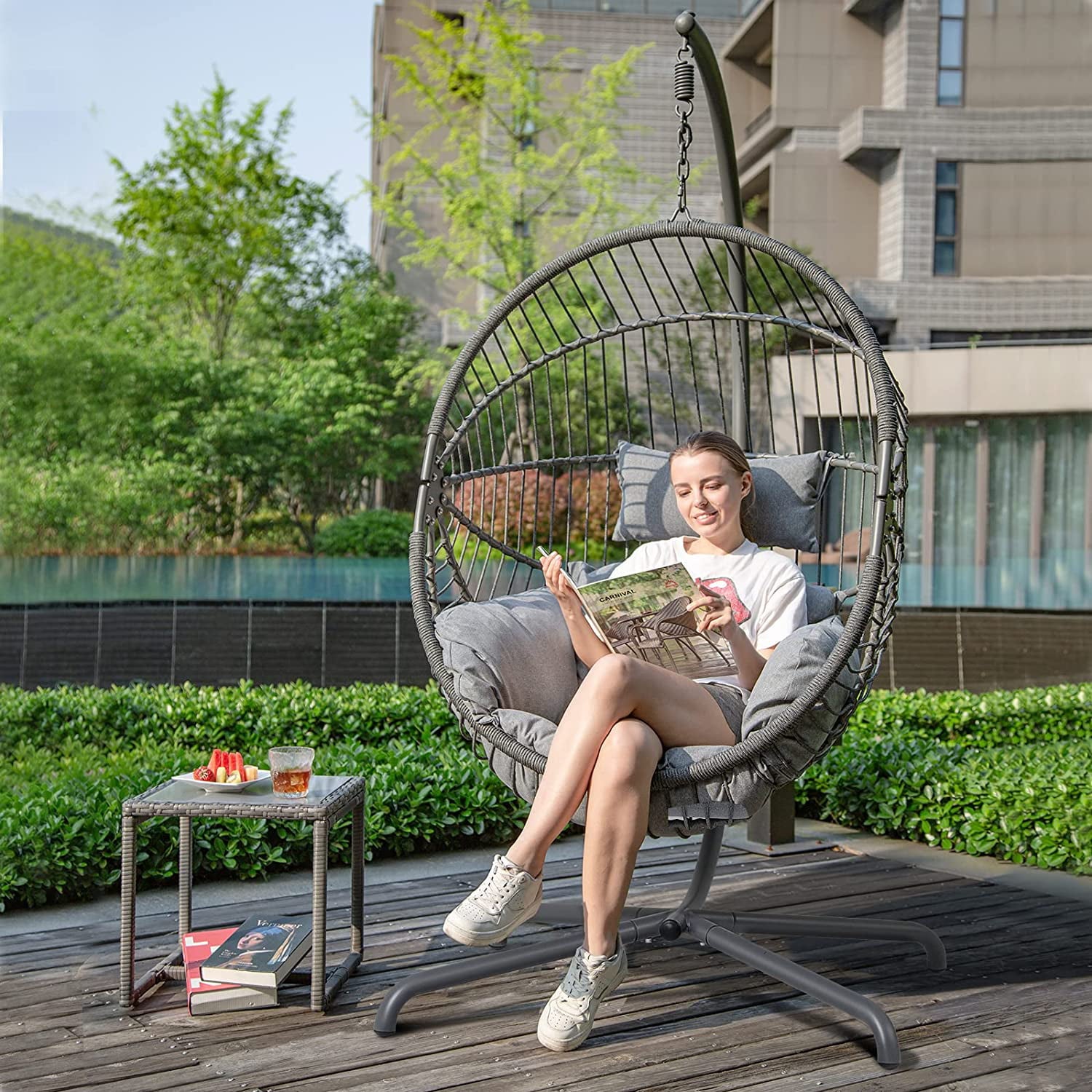 Patio Swing Egg Chair with Stand, Oversized Cocoon-Shaped Hammock Chair with Cushion, Dark Gray