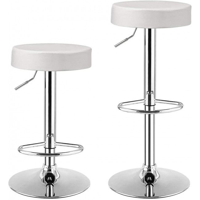 Set of 2 Adjustable Round PU Leather Swivel Barstool with Chrome Footrest-White - 14