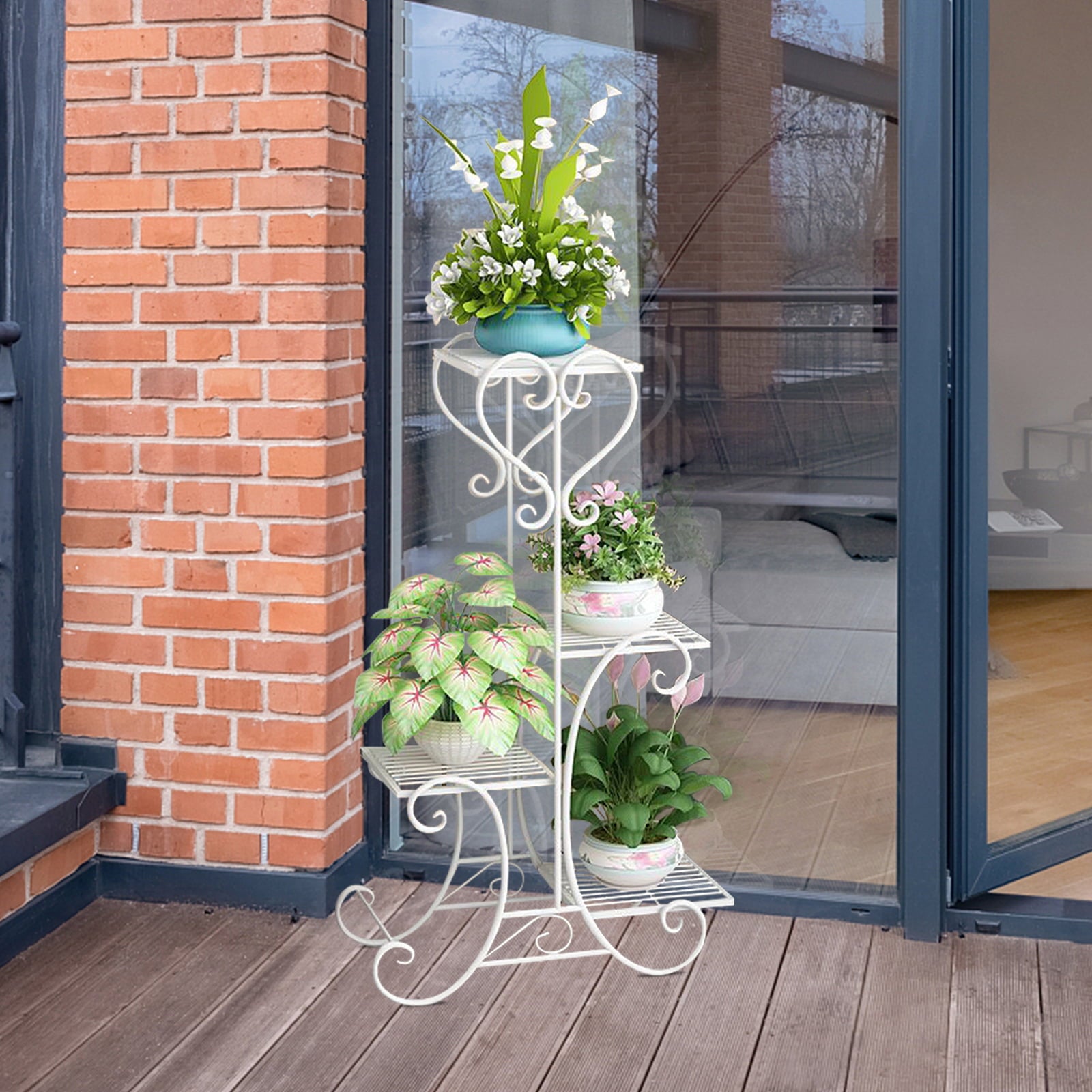 4 Tiers Metal Plant Stand for Indoor Outdoor, White Rustproof Flower Pot Stand Rack with Racks, Display Shelf Planter Shelves Organizer for Patio Balcony Garden Living Room