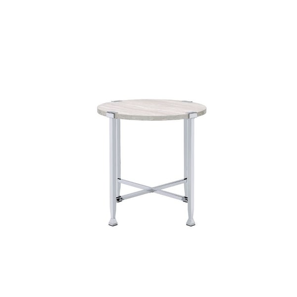 Coffee Table， White Oak andChrome Round End Table NO Storage Wooden Top， Metal Frame Leg with X-Shape Support Wooden Top