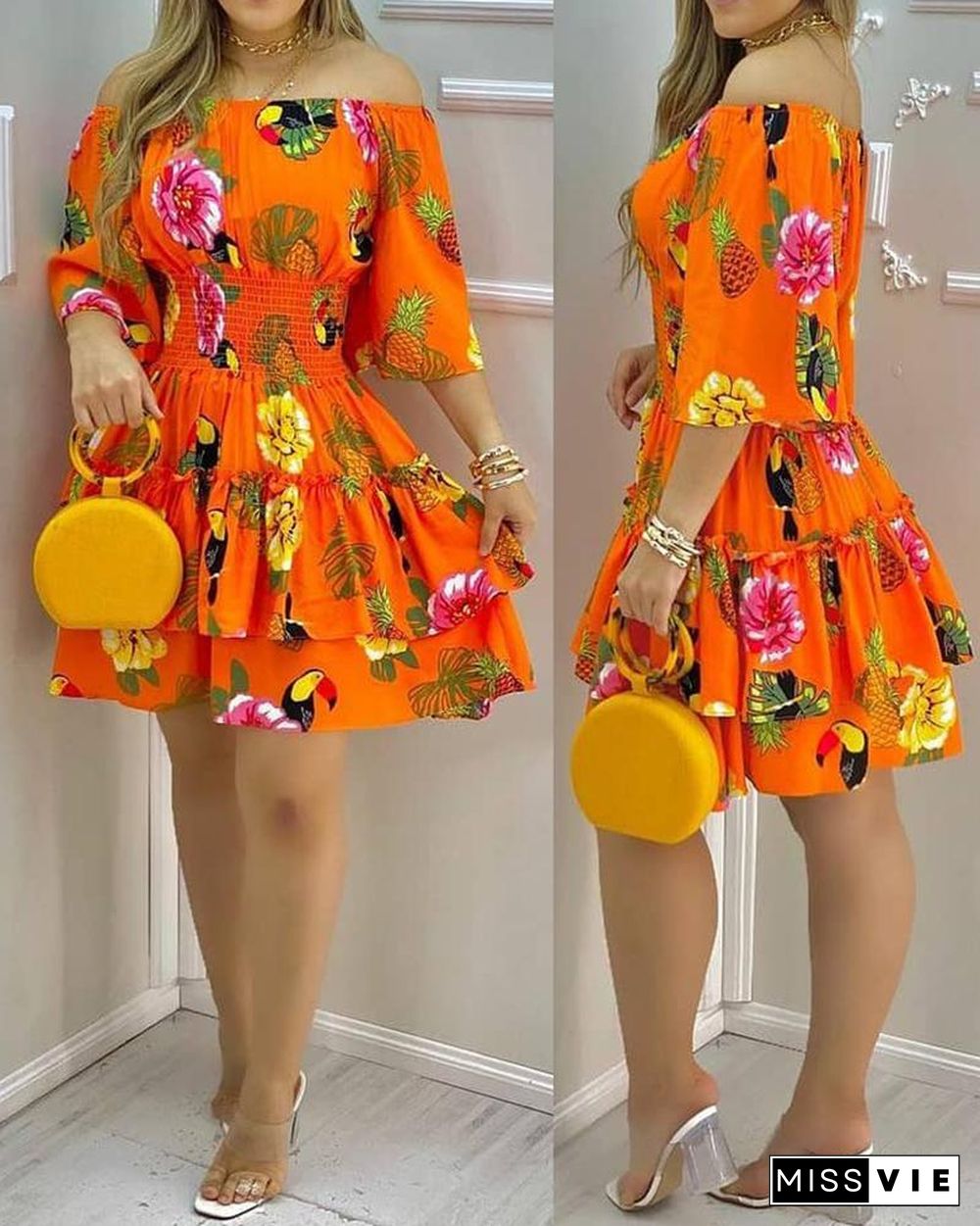 Fashion Elegant Fruit Print Off Shoulder Short Sleeve Kawaii Fairy High Waist Pleated A-Line Dress Summer Women's Party Dress