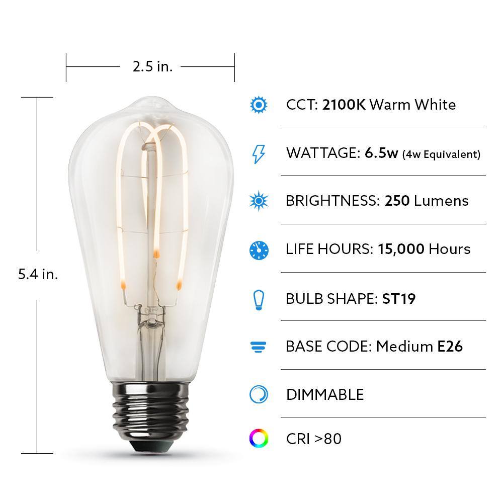 Feit Electric 40-Watt Equivalent ST19 DImmable M Shape Filament Clear Glass Vintage Edison LED Light Bulb Warm White (4-Pack) ST1940MCLLEDHDRP4