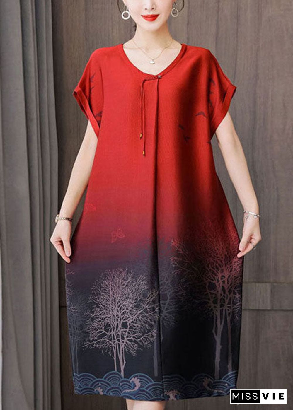 Beautiful Red Gradient Color O-Neck Tassel Print Silk Dresses Short Sleeve