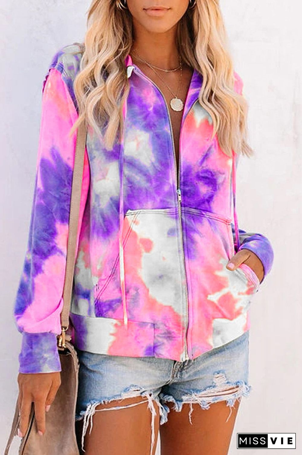 Hooded Collar Tie Dye Zipper Pocket Hoodies