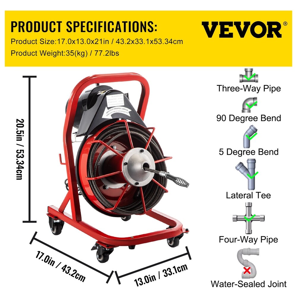 VEVOR Drain Cleaner Machine fit 1 Inch/25MM to 4 Inch/100MM Pipes Portable Electric Drain Auger with Cutters Glove