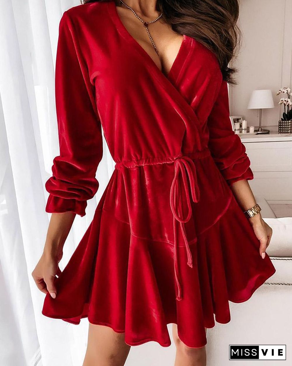 Velvet Long Sleeve Tie Front Wrap Dress P16169