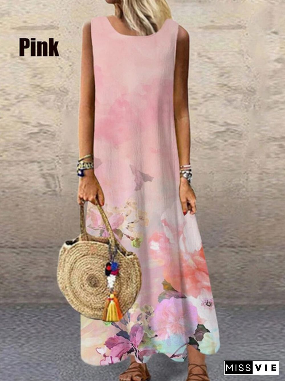 New Fashion Women's Elegant Sleeveless Flowers Print A-Line Dress Round Neck Casual Party Dresses Long Dress Plus Size