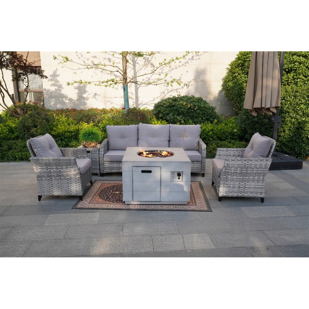 Outdoor Patio Ratten Sofa  Chairs and Lounger Set with Fire Pit Table