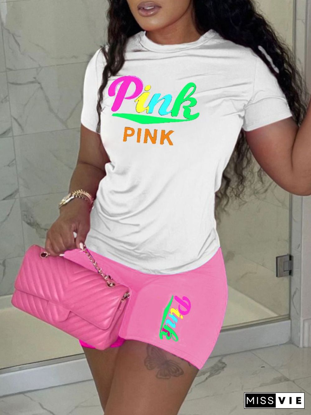 PINK Letter Print Short Sleeve T Shirt Shorts Tracksuit