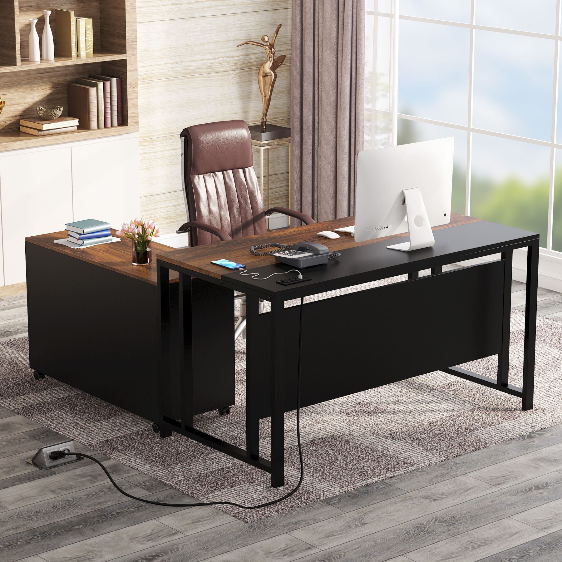 L-Shaped Desk with Power Outlet, 55