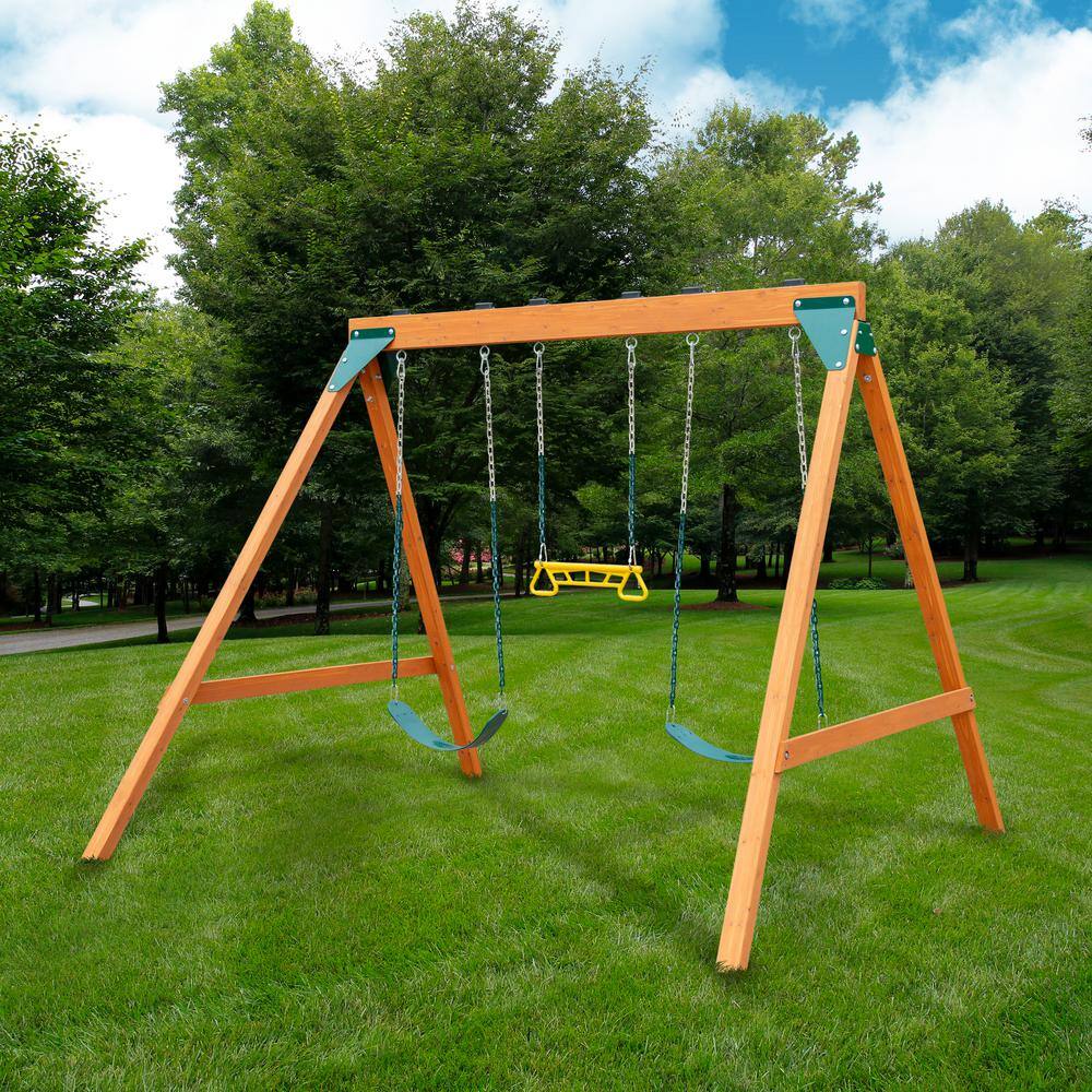 Swing-N-Slide Playsets A-Frame Wooden Swing Set with 2-Belt Swings and RingTrap Combo 01-1104