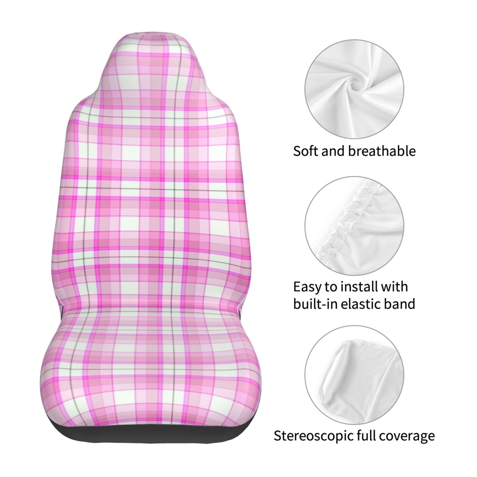 TEQUAN Front Seat Covers， Pink Plaid Texture Pattern 2 Piece Car Seat Cover Fit Most Car SUV Truck Van