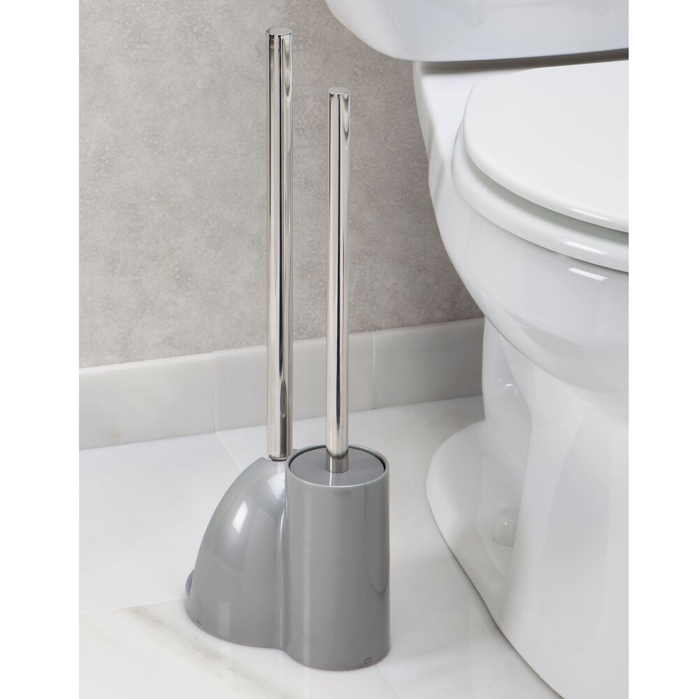 mDesign Compact Plastic Toilet Bowl Brush and Plunger Combo Set with Holder - Caddy for Bathroom Storage - Sturdy， Heavy Duty， Deep Cleaning - Silver/Brushed