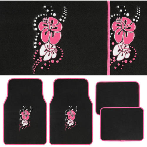 BDK Pink Hawaiian Flower Design Carpet Floor Mats for Car SUV， 4 Piece Set