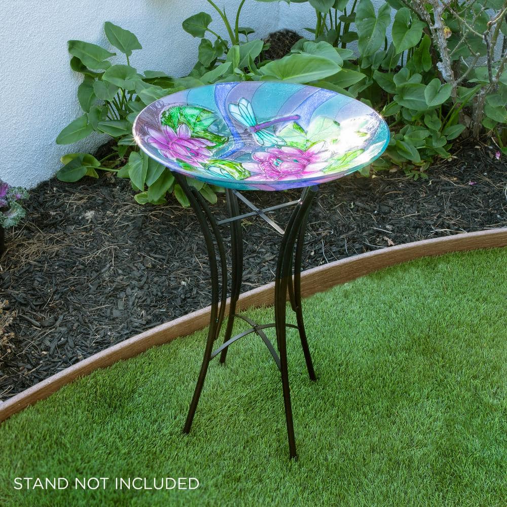 Alpine Corporation 18 in. Glass Birdbath Topper with Purple Dragonfly Painted Finish KPP610T-18