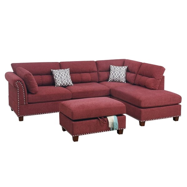 3 Piece Sectional Sofa with Reversible Chaise and Ottoman， Red