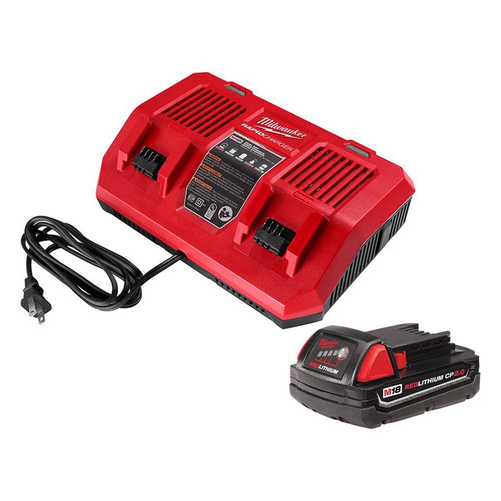 MW M18 18-Volt Lithium-Ion Dual Bay Rapid Battery Charger with (1) 2.0 Ah Compact Battery 48-59-1802-48-11-1820