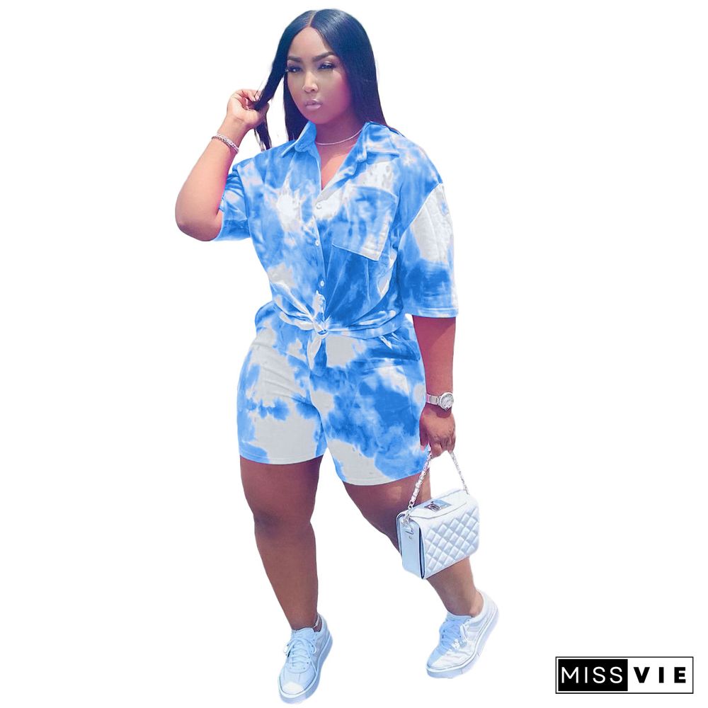 Summer Chic Tie-Dye Short Sleeve Turn Down Collar Shirt High Waist Shorts Women Plus Size Two Piece Sets