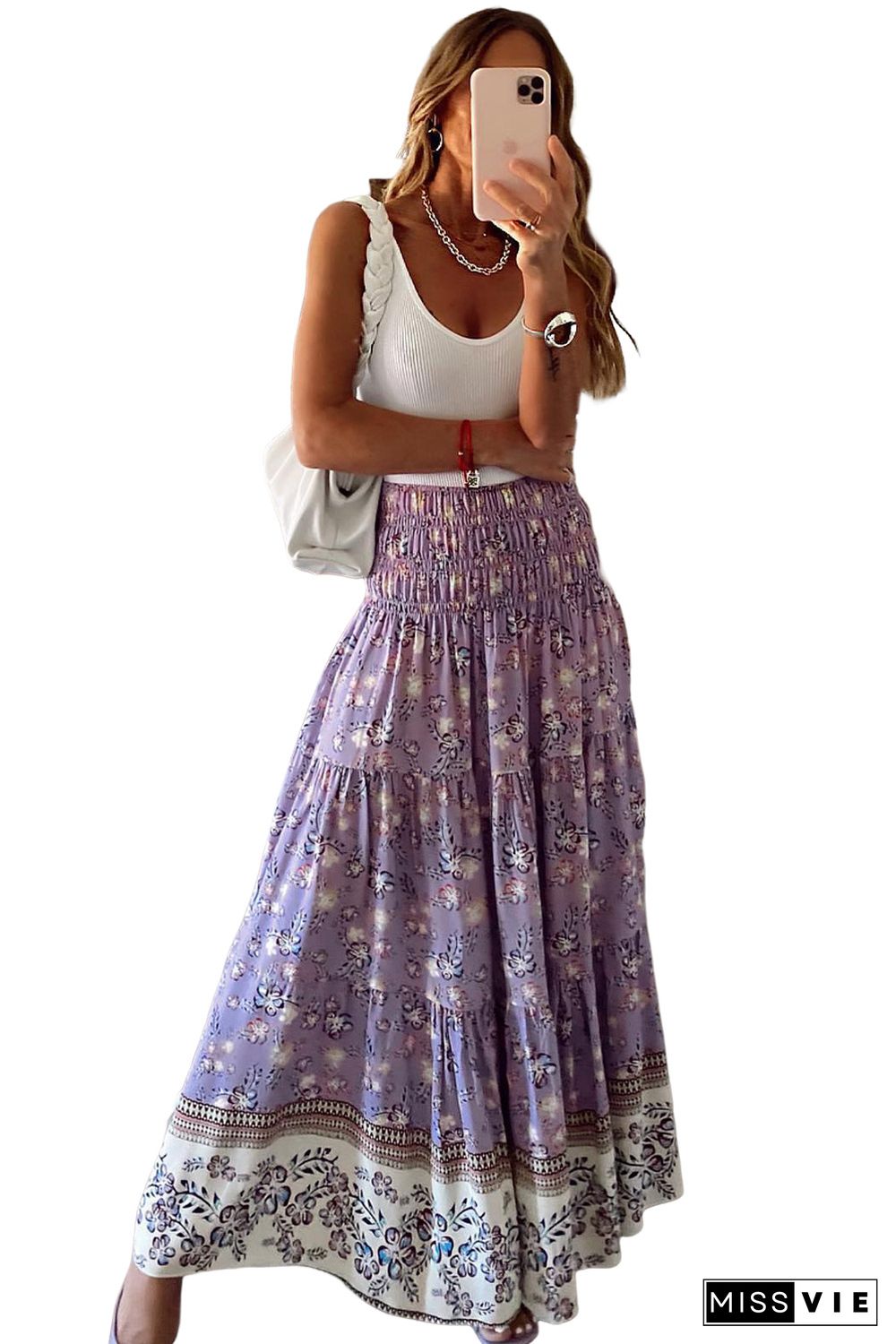 Purple Floral Print Shirred High Waist Maxi Skirt