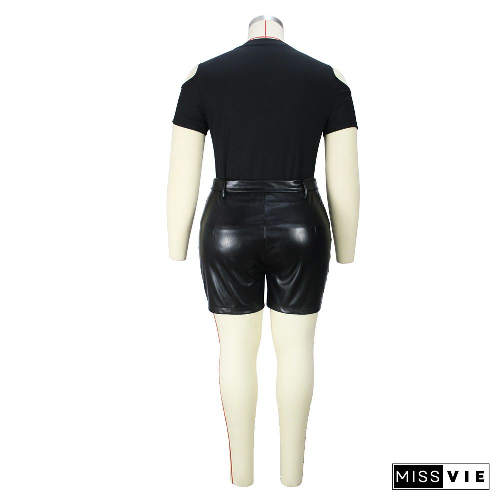 Black Short Sleeve Basic T Shirt Leather Shorts Suit