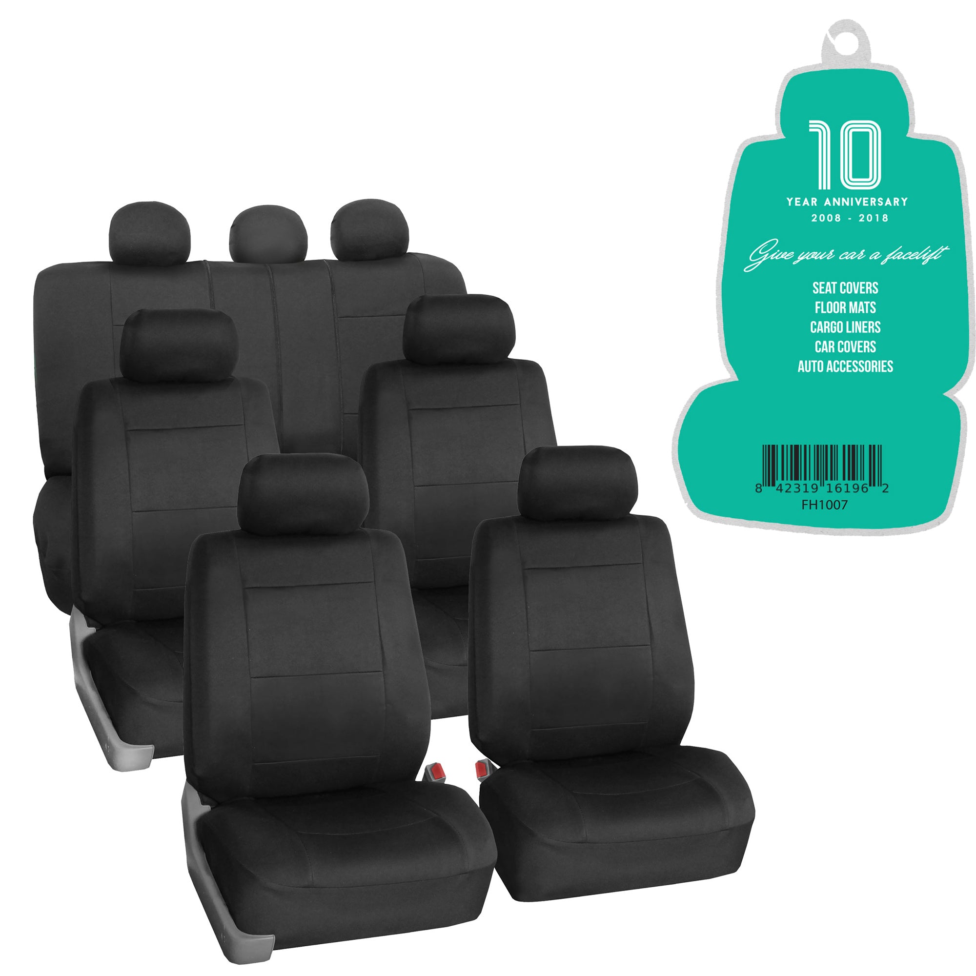 FH Group Neoprene 3 Row Car Seat Covers For SUV， Airbag Ready Split Bench 7 Seater， Black with Free Air Freshener