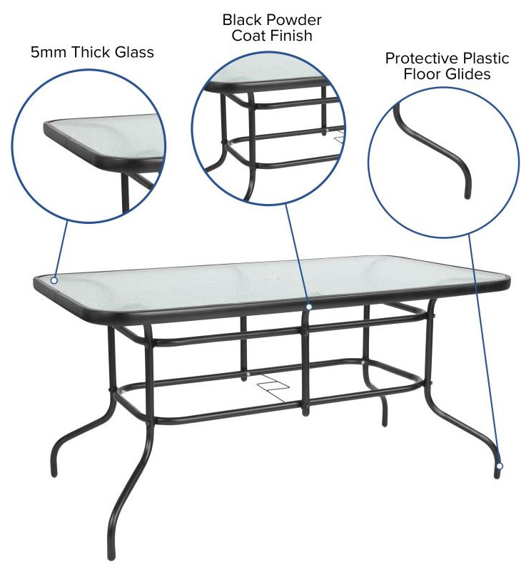 Brazos 5 Pc Outdoor Dining Set 55 quotTempered Glass Patio Table  4 Stack Chairs   Transitional   Outdoor Dining Sets   by Pot Racks Plus  Houzz