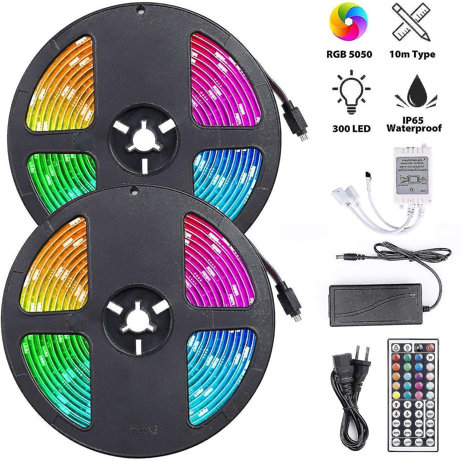 Rgb Led Strip Light， 10m Led Strip With 300 Led Light， Waterproof Ip65 Remote Control Self-adhesive