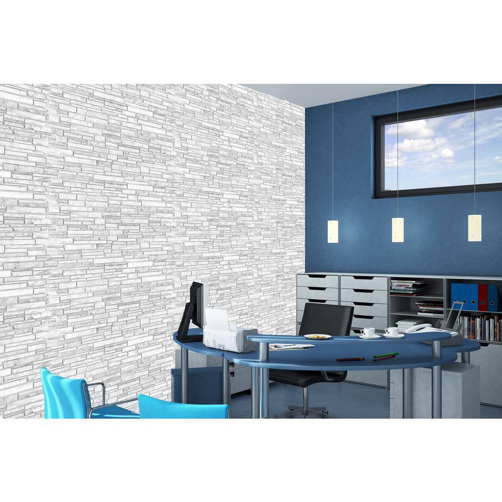 Dundee Deco 3D Falkirk Renfrew II 150 in. x 39 in. x 19 in. White Grey Faux Stone PVC Decorative Wall Paneling REHD252BW