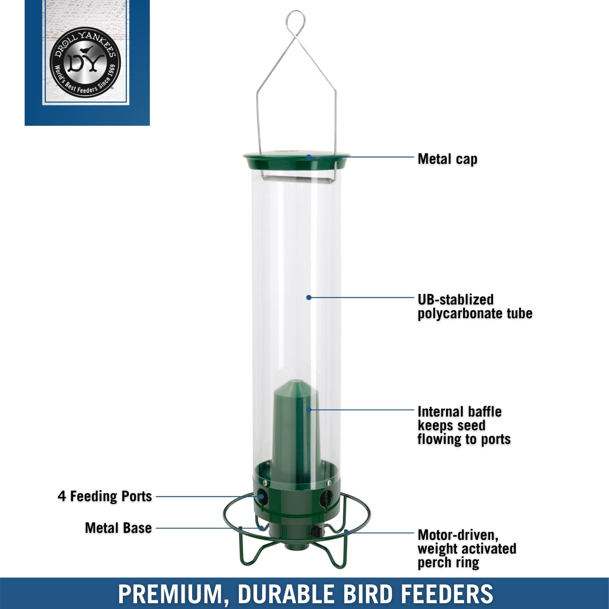 Droll Yankees Flipper Squirrel-Proof Tube Bird Feeder， Green