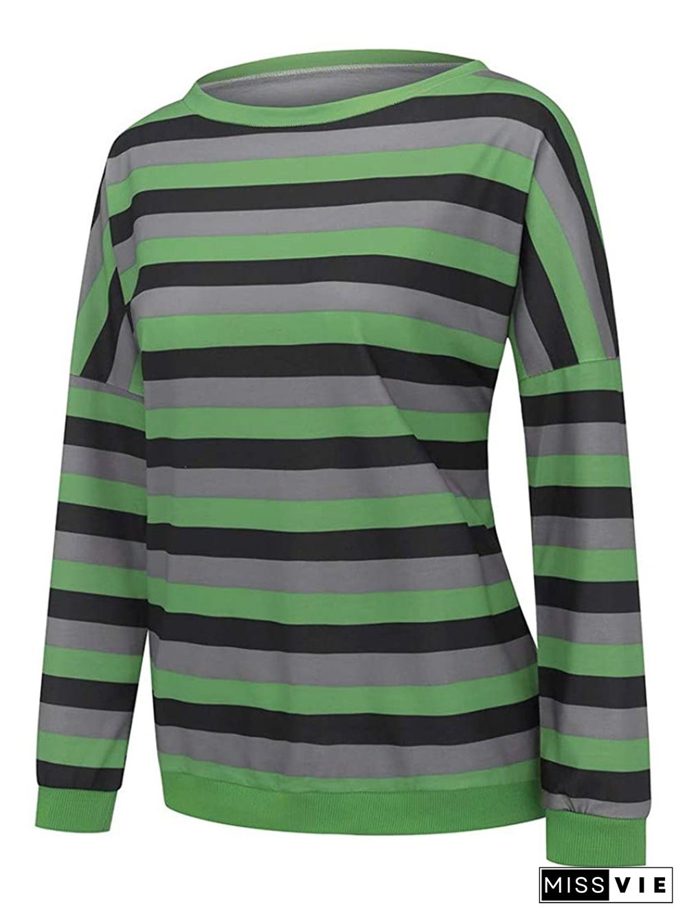 Stripe Round Neck Long Sleeve Casual T-shirt