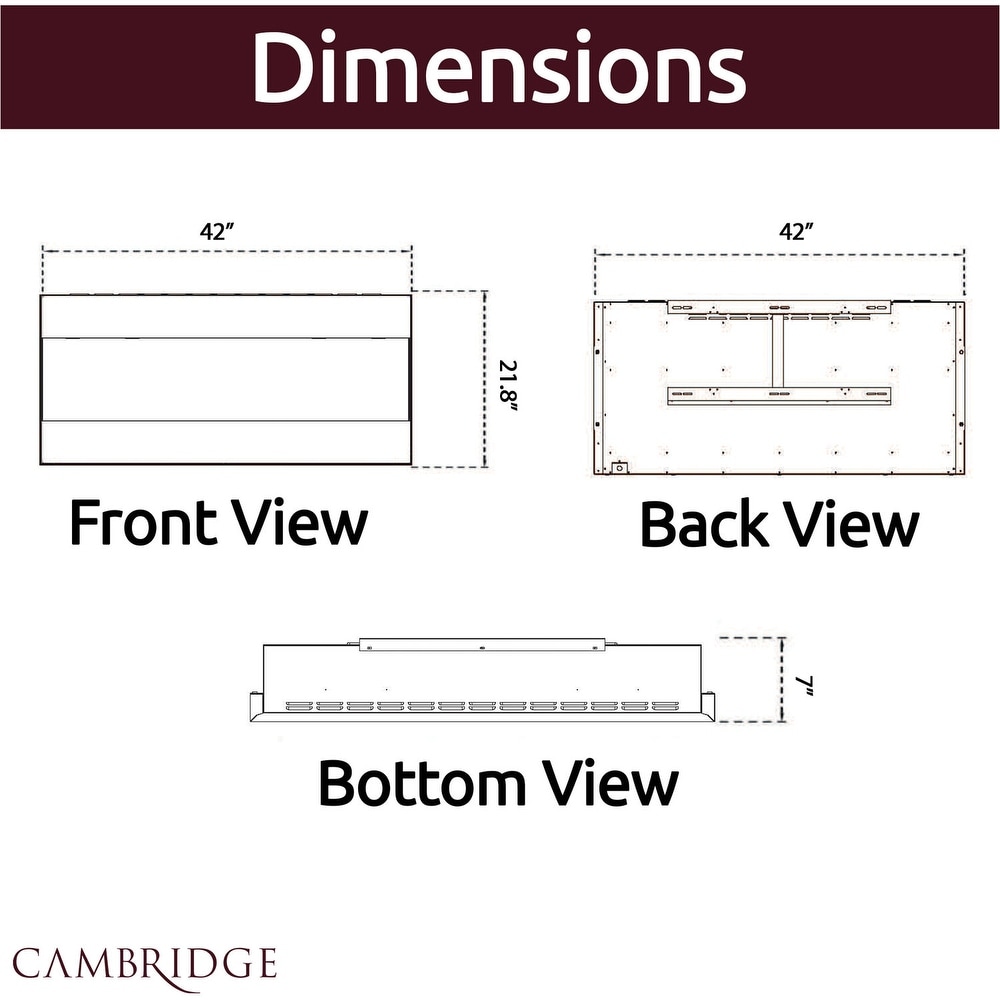 Cambridge 42 In. Recessed Wall Mounted Electric Fireplace with Crystal and LED Color Changing Display  Black