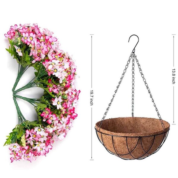 Artificial Silk Flowers Hanging Baskets Outdoors，Chrysanthemum with Eucalyptus Leaves in Metal Coconut Lining Flowerpot