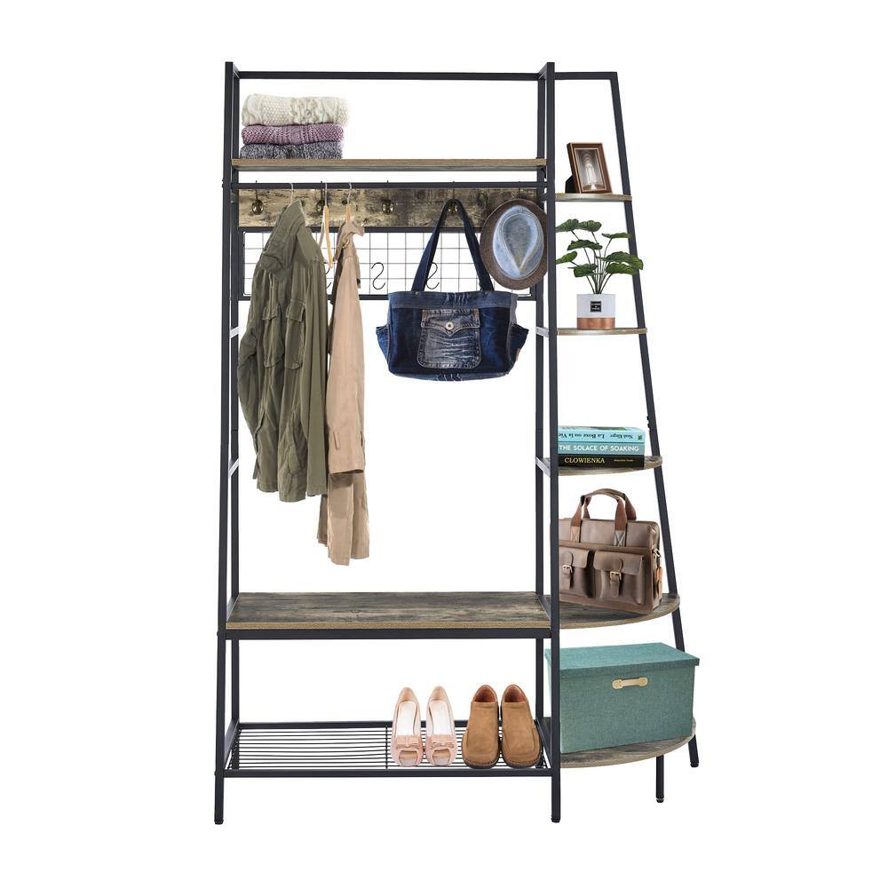 Asucoora Giltner Gray Hall Tree Entryway Coat Rack with Bench and Bookshelves JDTS1004-GY