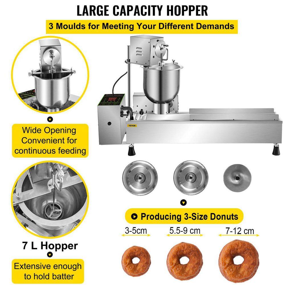 VEVOR Auto Doughnut Maker Single Row Commercial Automatic Donut Making Machine with 7 Liter Hopper 3 Sizes Molds Silver QZDTTQJDP00000001V1