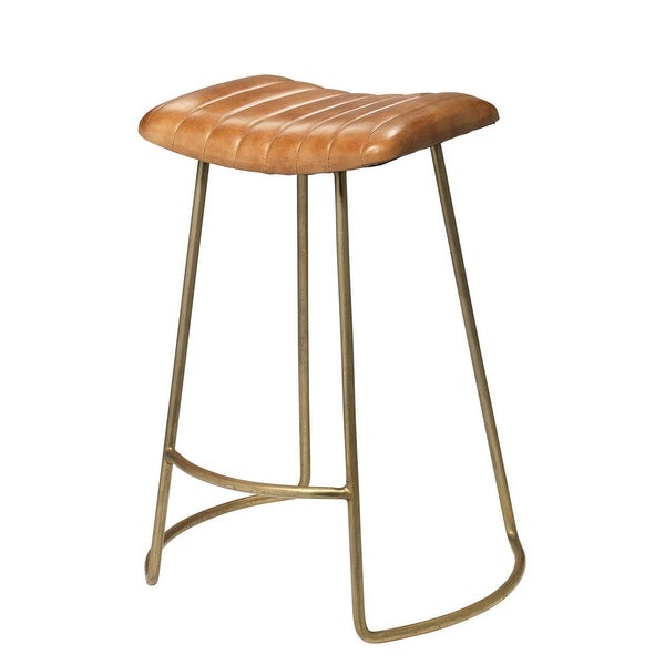 Counter Stool with Leatherette Vertical Channel Stitching， Brown and Gold