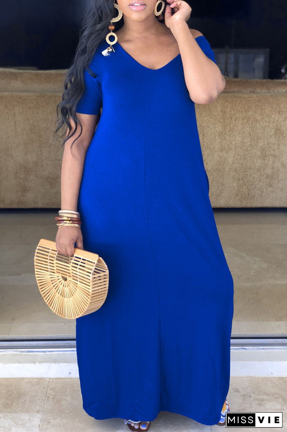 Blue Casual Pockets Design Blending Floor Length Dress