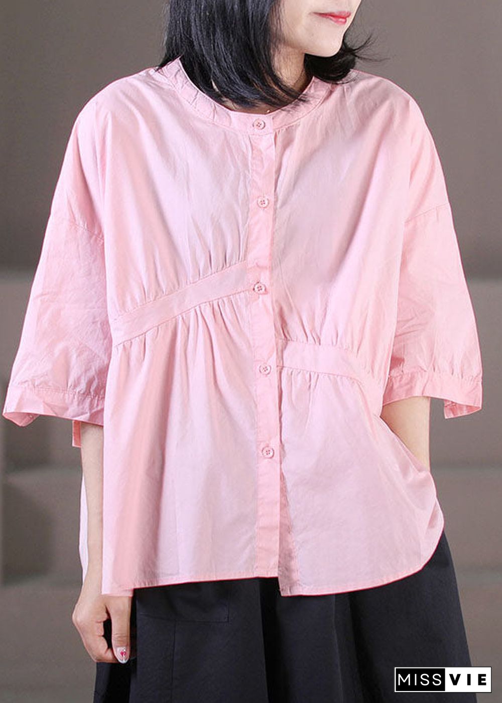 Women Pink O-Neck Asymmetrical Wrinkled Cotton Shirts Half Sleeve