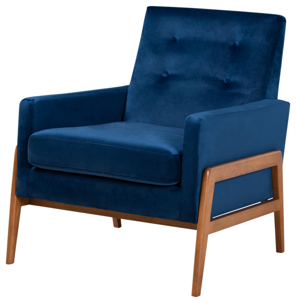 Yivi Mid Century Navy Blue Velvet Fabric and Walnut Brown Wood Lounge Chair   Midcentury   Armchairs And Accent Chairs   by Baxton Studio  Houzz