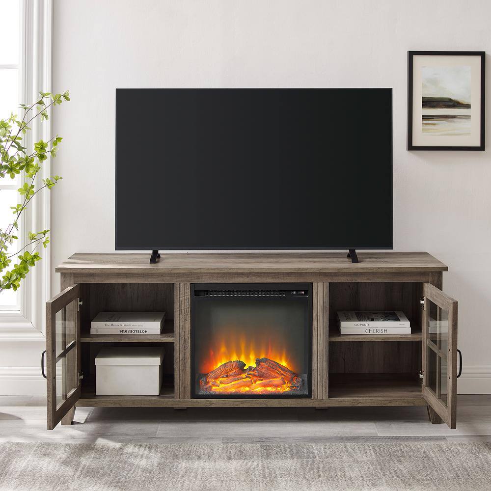 Welwick Designs 58 in. Grey Wash Wood and Glass Transitional 2-Door Windowpane Fireplace TV Stand Fits TVs up to 65 in. HD9150