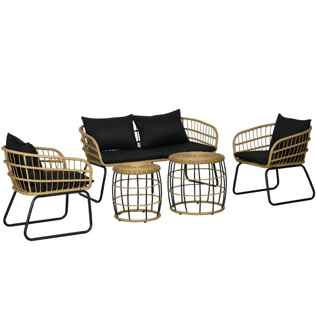 Outsunny 5 Piece Pe Rattan Outdoor Furniture Set With Cushioned Chairs Loveseat Sofa amp Stackable Coffee Tables Black