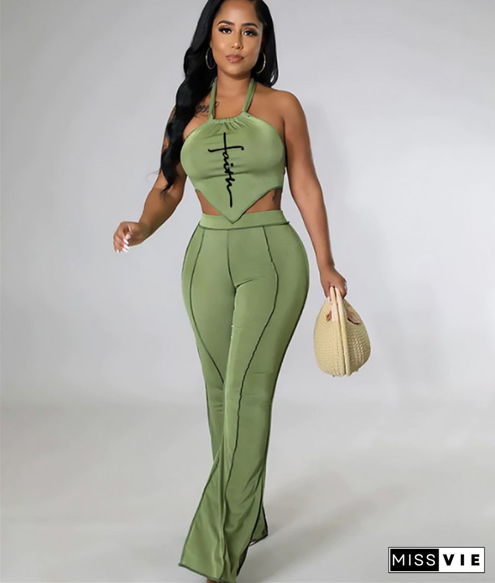 Halter Backless Crop Top Flared Pants Two Piece Set