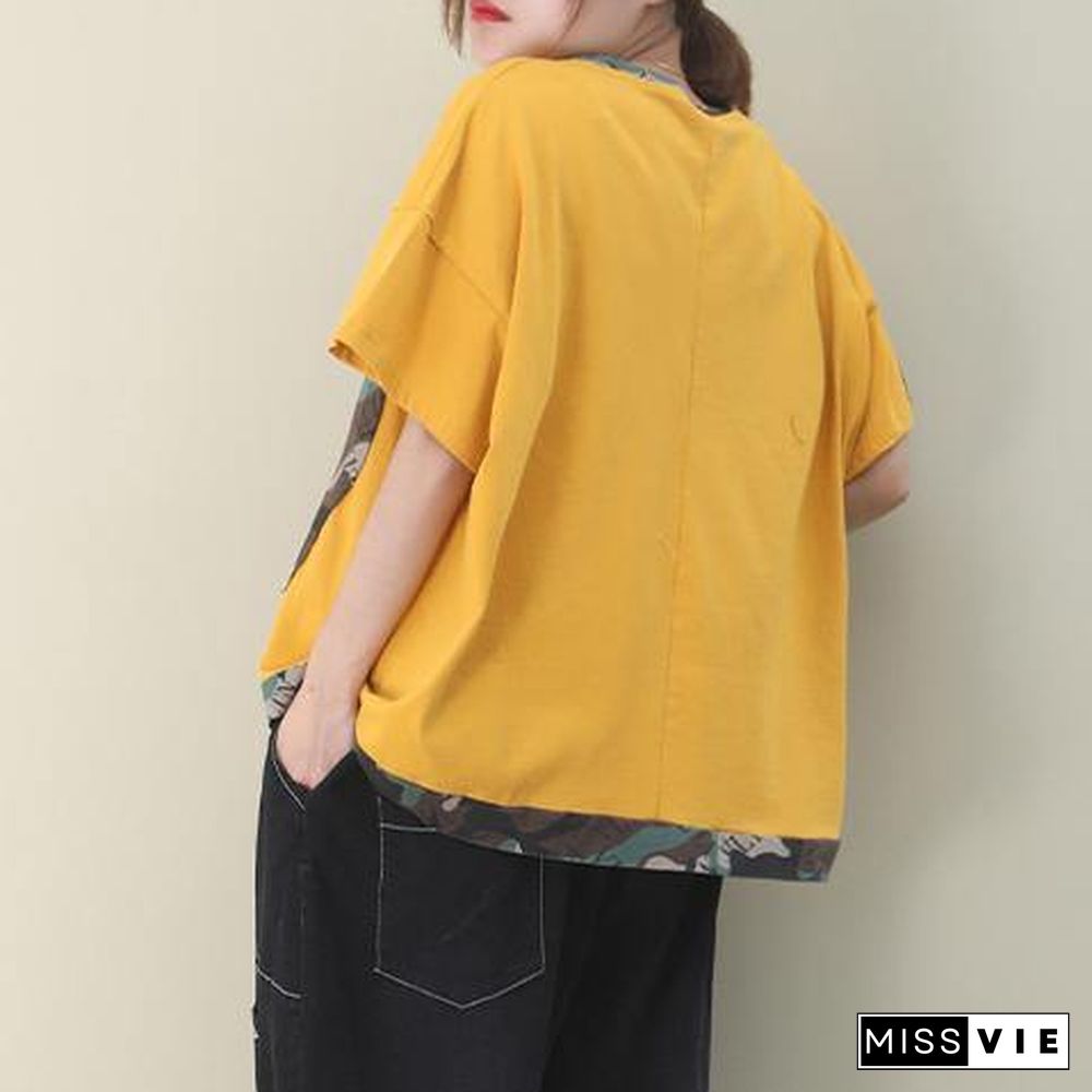 French yellow cotton Blouse o neck patchwork Knee top