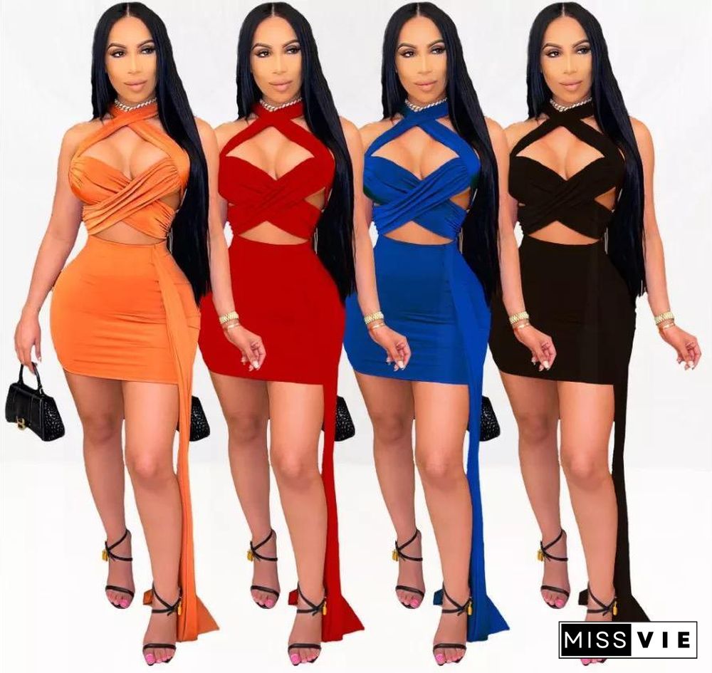 Women Solid Halter Wrap Chest Crop Top Skirt 2 Piece Sets