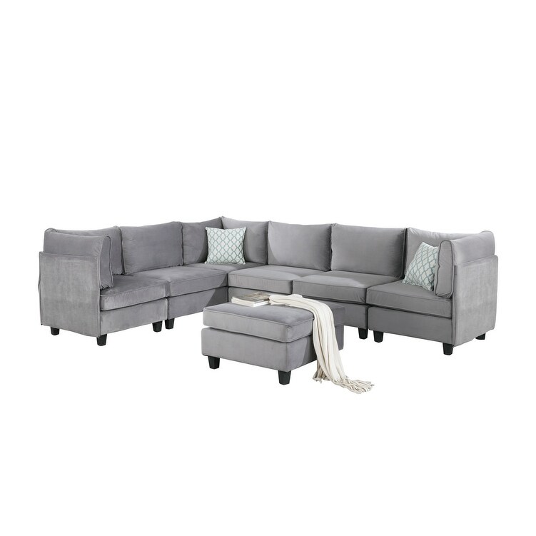 Modern 7Pc Modular Velvet Sectional Sofa with 2 Fabric Upholstery Corner Chairs and 1 Ottomans and 3 Armless Chairs