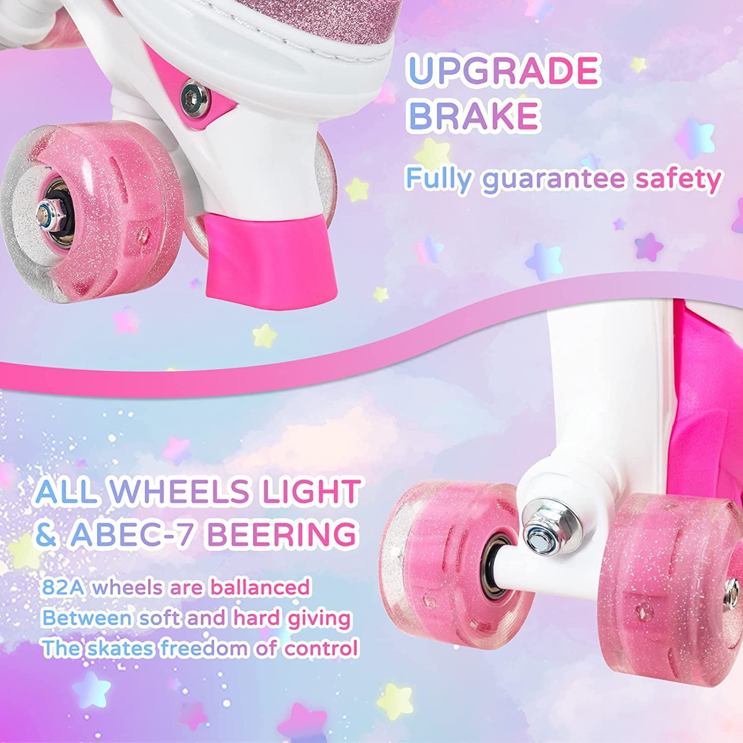 Nattork Roller Skates Rainbow for Gilrs Boys Kids 4 Sizes Adjustable Pink Size S